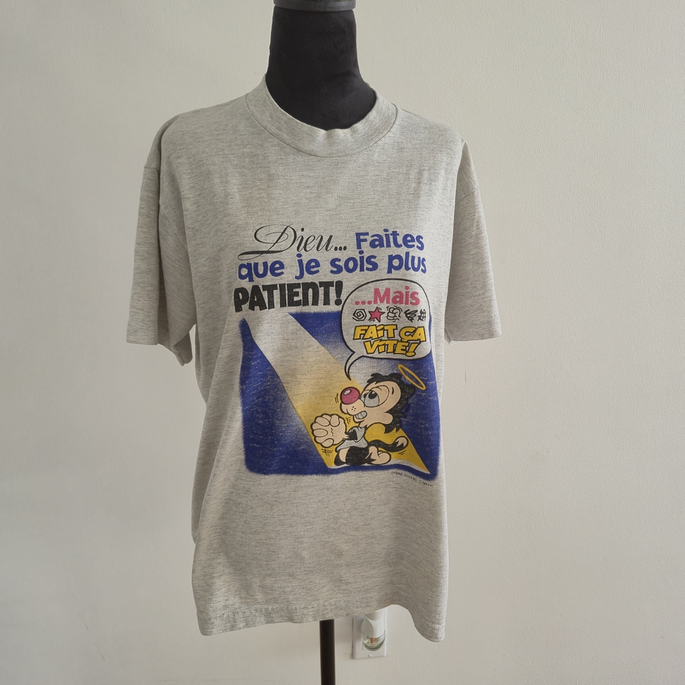 Vintage 1997 French Graphic Tee | Patient Cartoon Grey Marl